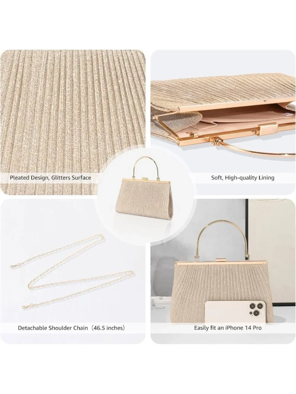 Women's Gold Glitter Pleated Clutch Purse For Sparkly Evening Wedding Bag